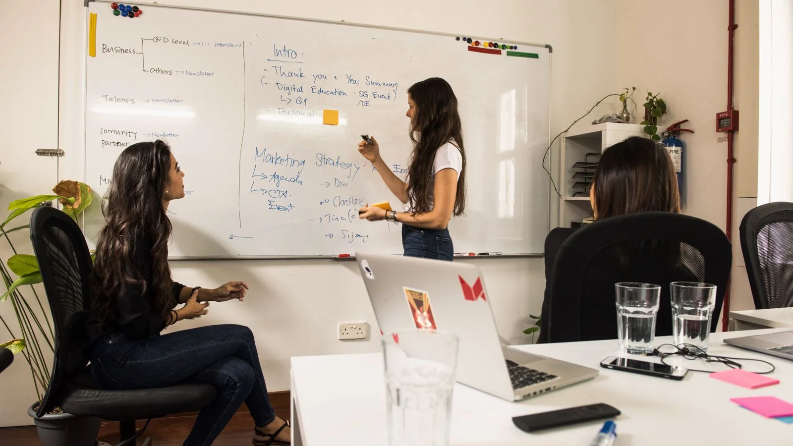 Two professionals at a whiteboard, mapping content across three horizons.
